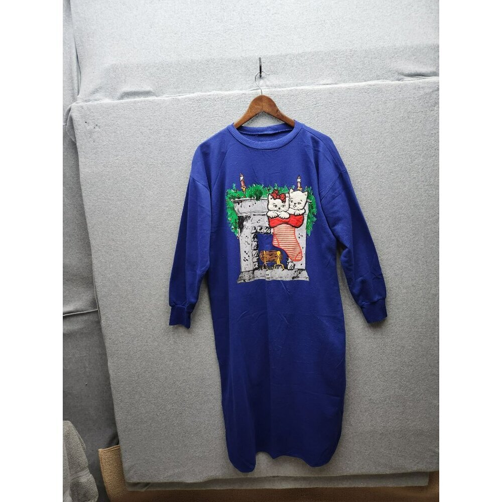 Vintage Blue Long Sleeve Christmas Nightgown With‎ Cat & Fireplace Graphic